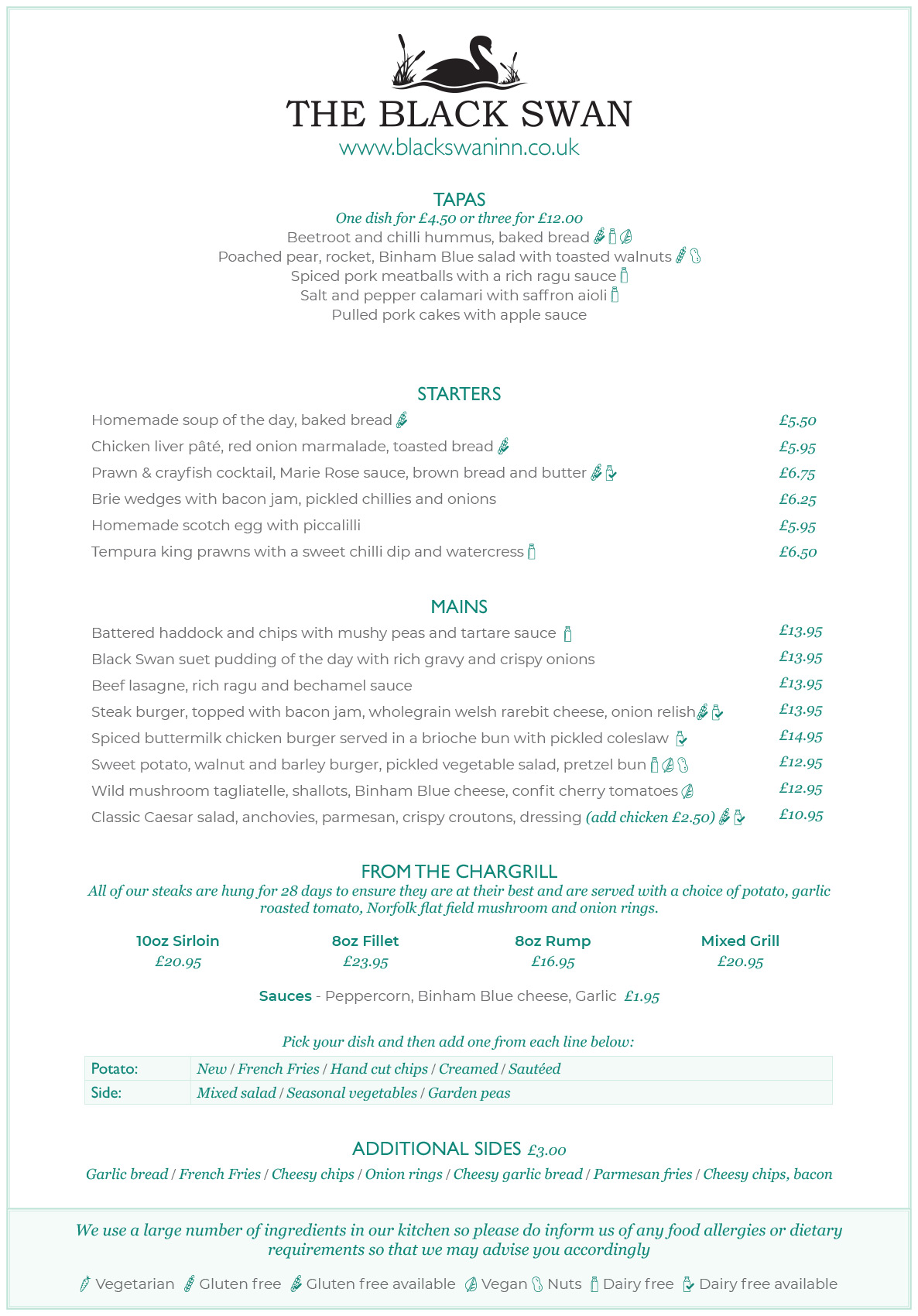The Black Swan Inn Food Menus Good Pub Food