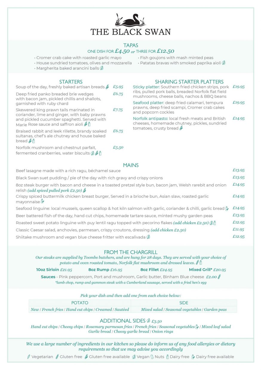 The Black Swan Inn Food Menus Good Pub Food