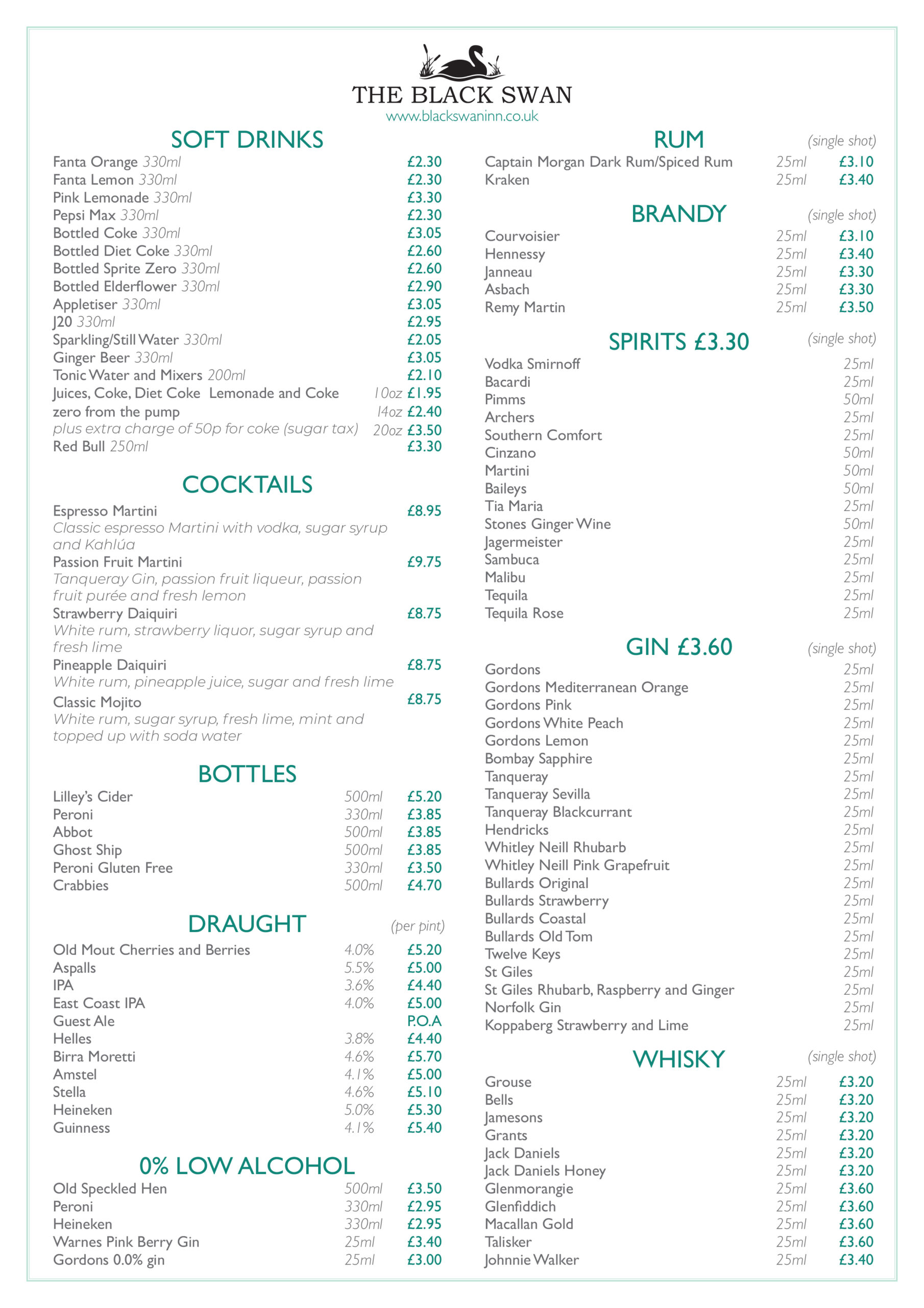 The Black Swan Inn Food Menus Good Pub Food