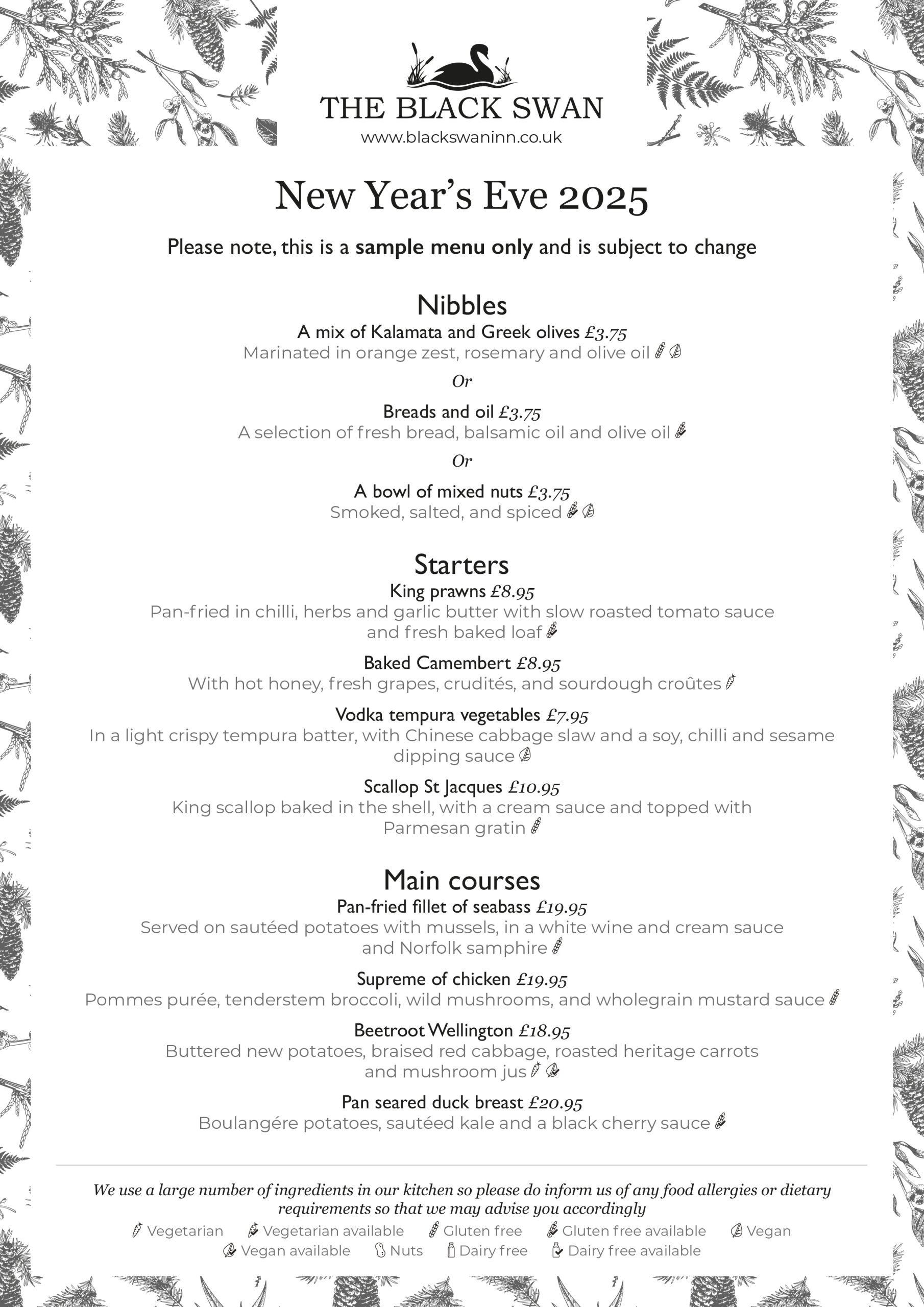 New Years' Eve menu
