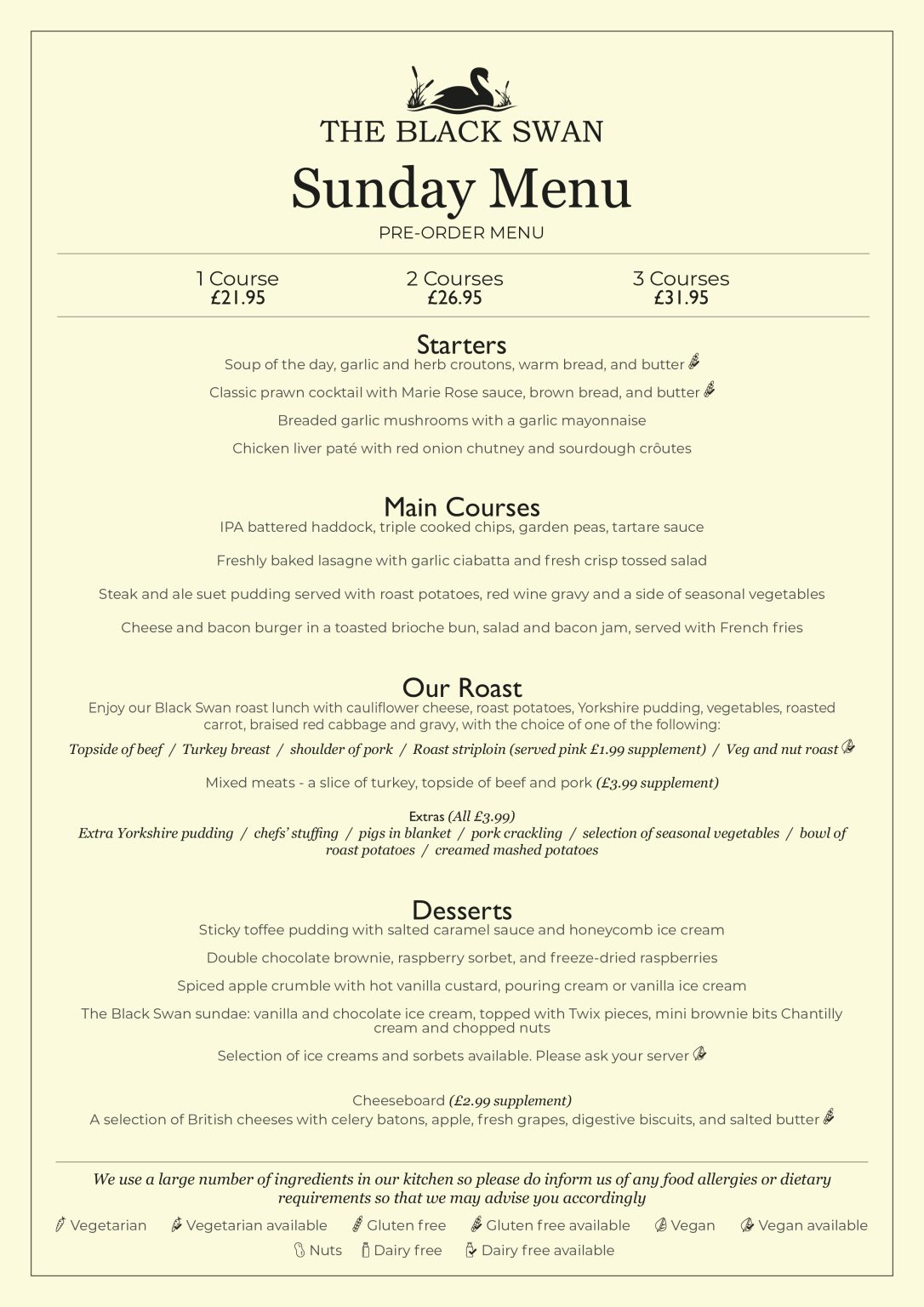The Black Swan Inn - Food Menus - Good Pub Food